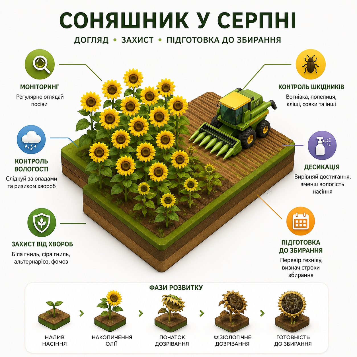 Ви зараз переглядаєте Догляд за соняшником у серпні: план заходів, ризики та захист посівів