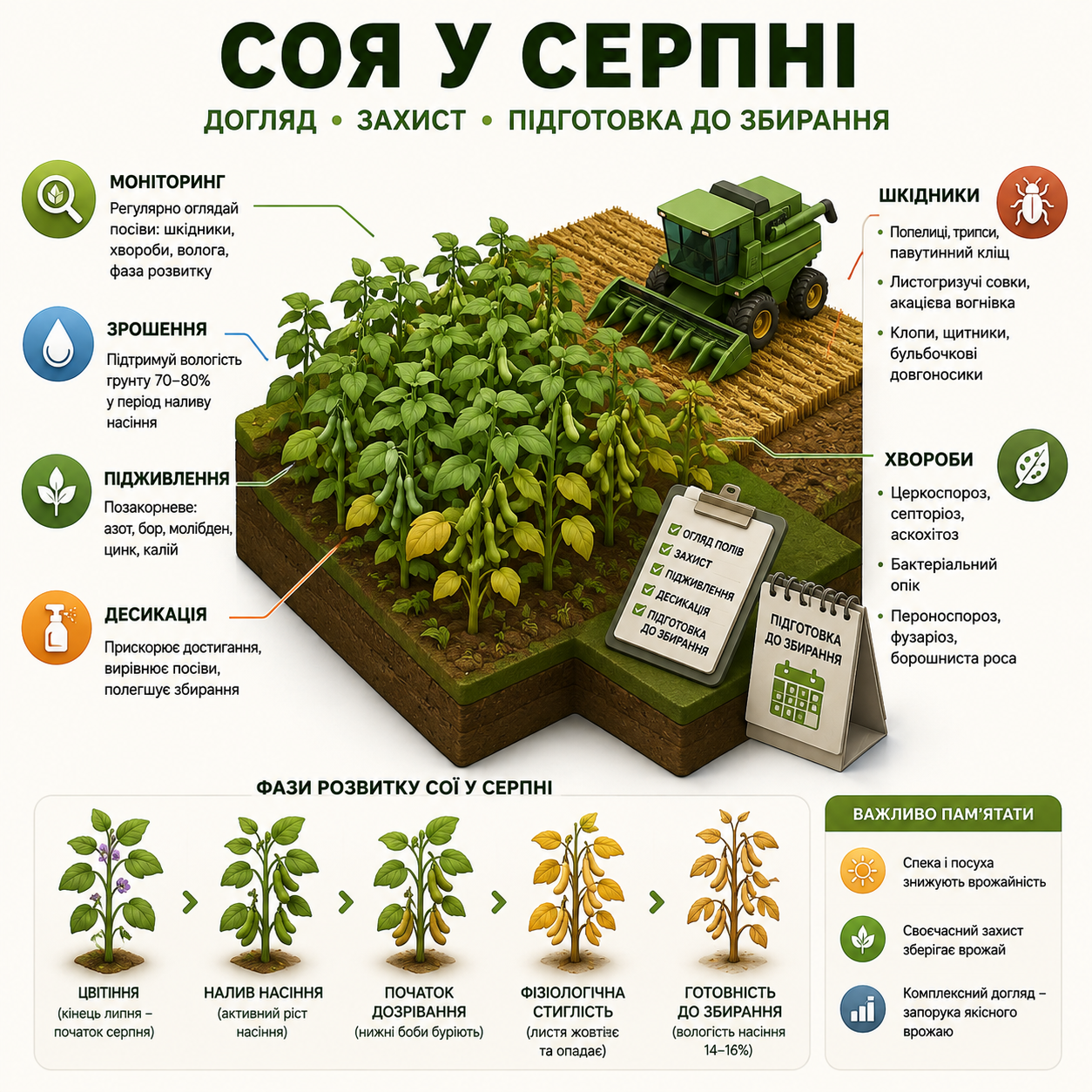 Ви зараз переглядаєте Догляд за соєю у серпні — критичний етап формування врожаю: план заходів, захист від хвороб і шкідників